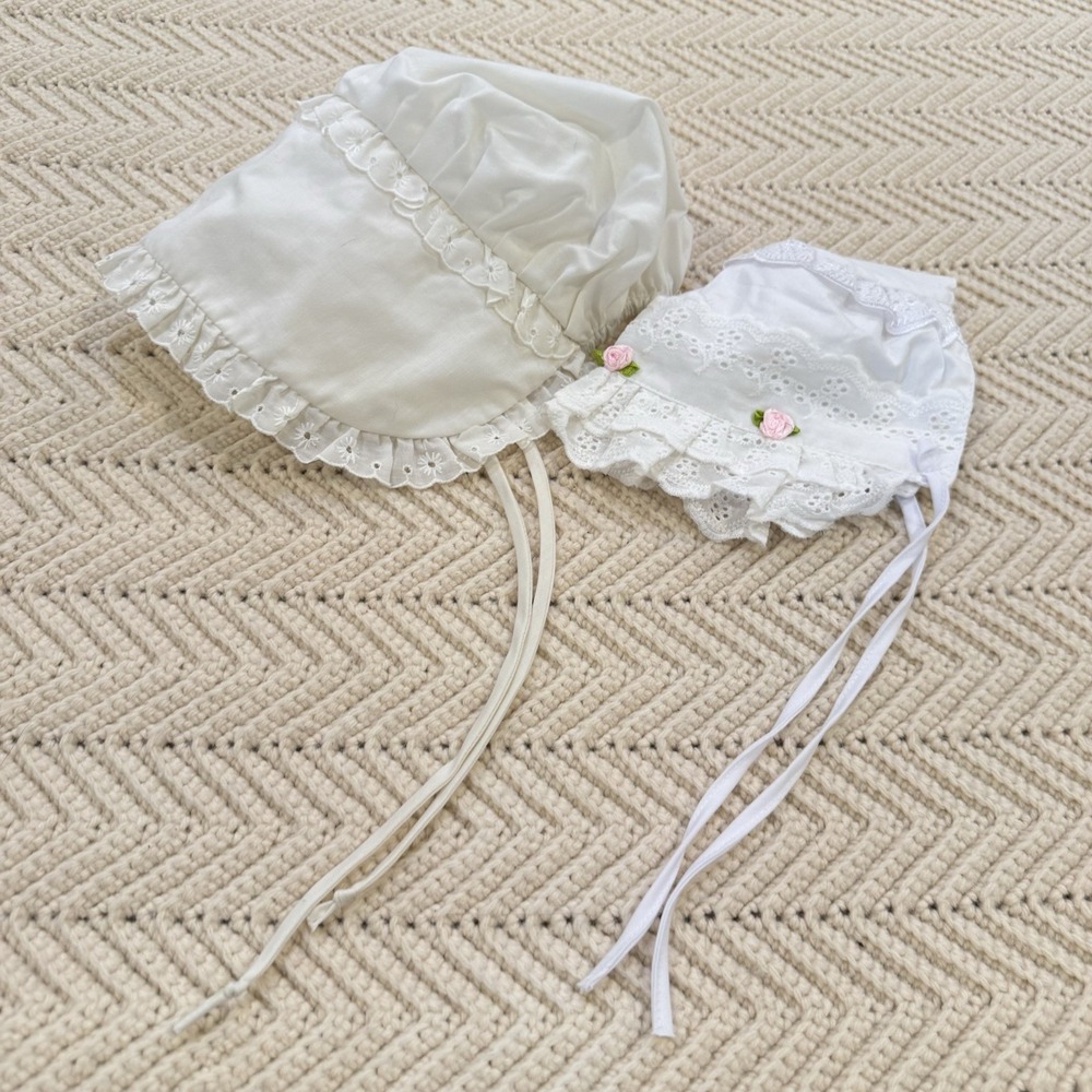 Handmade Vintage Baby Bonnets Lot 2 White Lace Ribbon Prairie Cottage Coquette